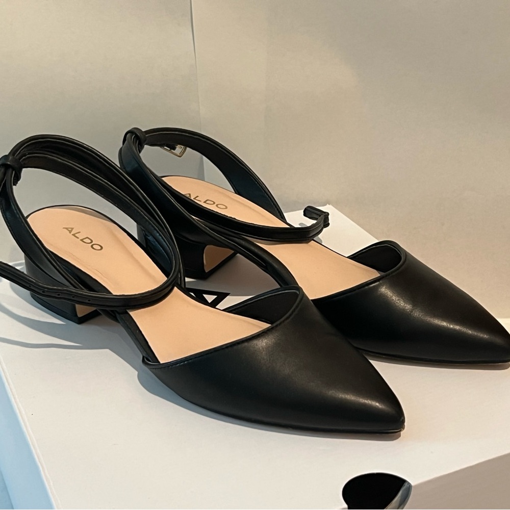 Aldo Brand, Zewiel-96, size 9, black, slightly heeled shoes with ankle strap.